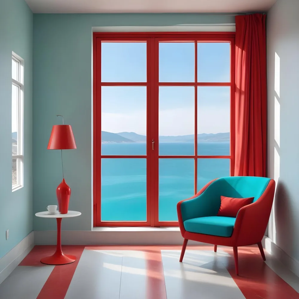 A Red Armchair Near A Window With Sea View The Wall Is Turquoise And Red The Floor Is Gray Minimalist Style Bright Colors High Contrast Clean Lines 5 Ab54