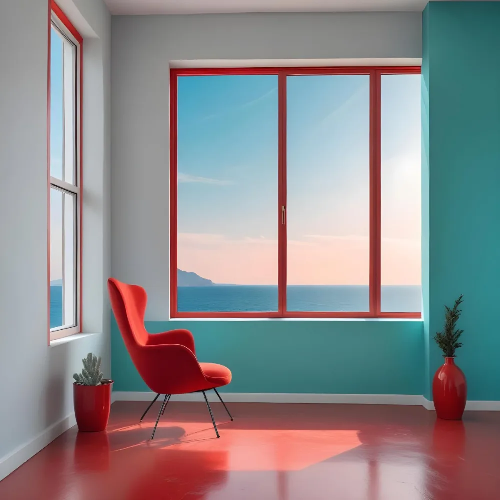 A Red Armchair Near A Window With Sea View The Wall Is Turquoise And Red The Floor Is Gray Minimalist Style Bright Colors High Contrast Clean Lines 6 475e