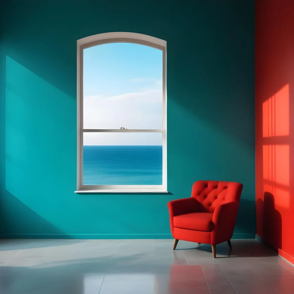 A Red Armchair Near A Window With Sea View The Wall Is Turquoise And Red The Floor Is Gray Minimalist Style Bright Colors High Contrast Clean Lines 8 E074