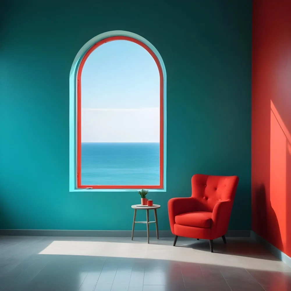 A Red Armchair Near A Window With Sea View The Wall Is Turquoise And Red The Floor Is Gray Minimalist Style Bright Colors High Contrast Clean Lines 9 D9a7