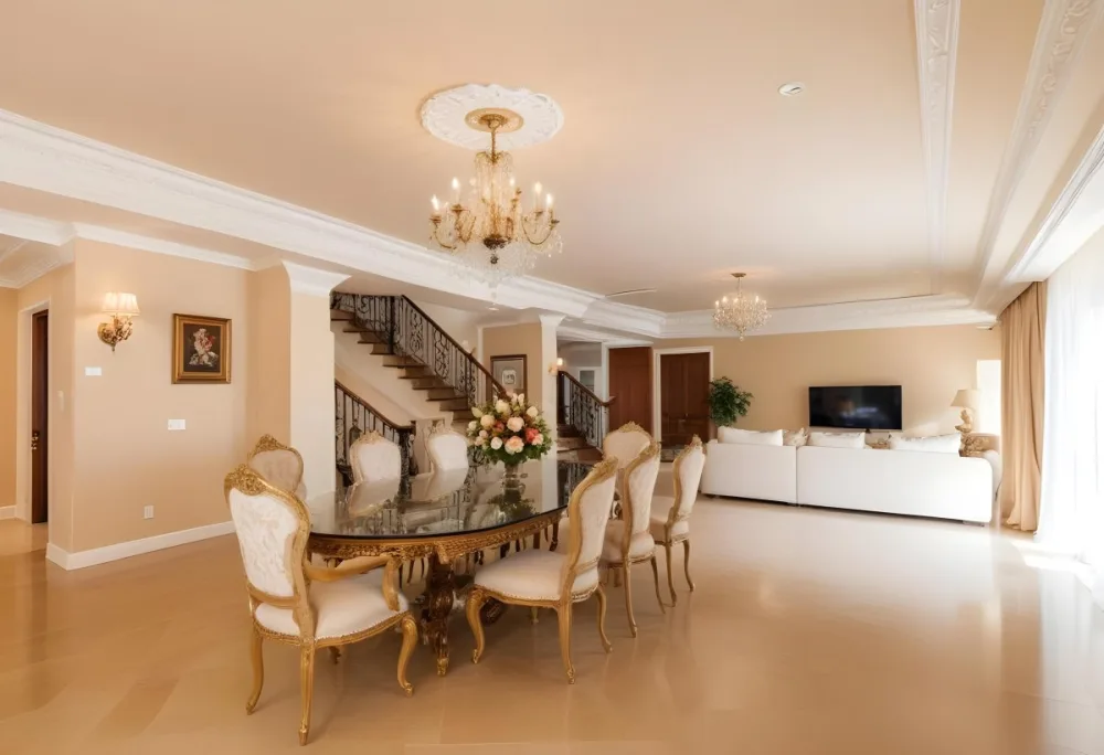 A Spacious And Elegantly Decorated Living Room Featuring A Glass Dining Table Surrounded By Ornate Chairs With Light Colored Upholstery The Room Has Warm Beige Walls And A Chandelier Hanging From The Ceiling In The Back 14 4fc2