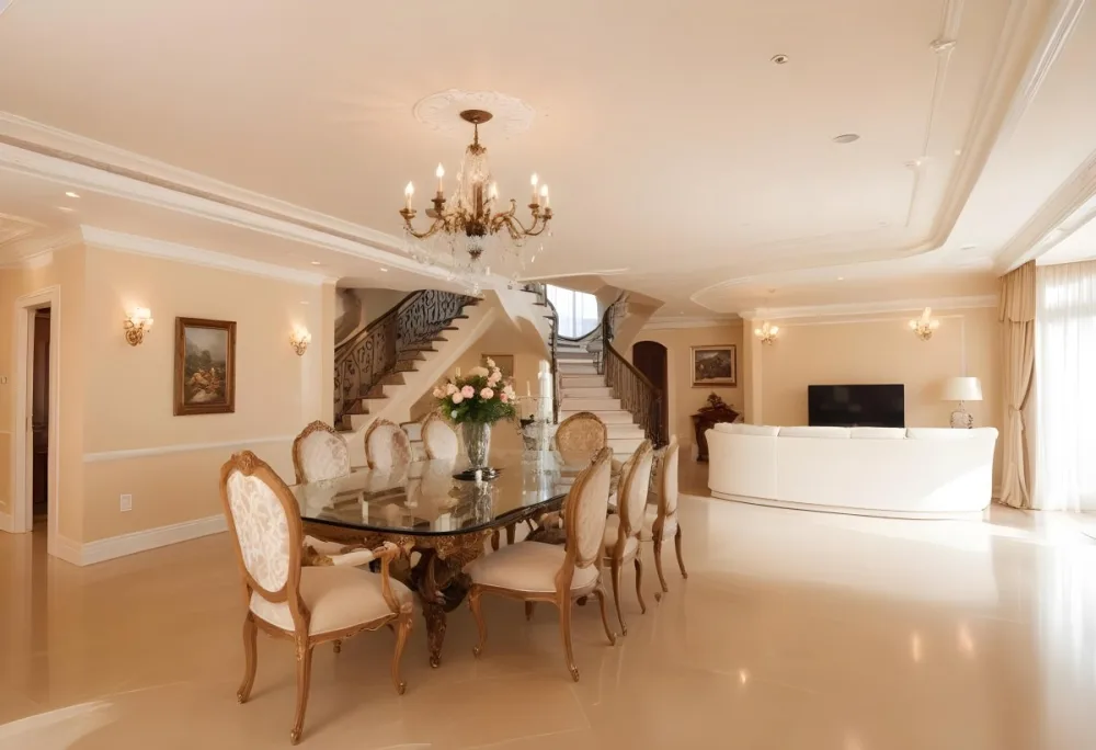 A Spacious And Elegantly Decorated Living Room Featuring A Glass Dining Table Surrounded By Ornate Chairs With Light Colored Upholstery The Room Has Warm Beige Walls And A Chandelier Hanging From The Ceiling In The Back 16 89d7
