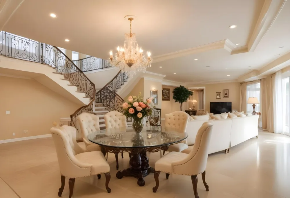 A Spacious And Elegantly Decorated Living Room Featuring A Glass Dining Table Surrounded By Ornate Chairs With Light Colored Upholstery The Room Has Warm Beige Walls And A Chandelier Hanging From The Ceiling In The Back 17 Db28