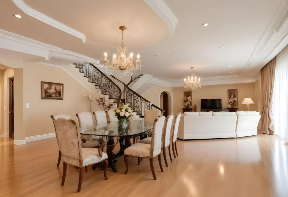 A Spacious And Elegantly Decorated Living Room Featuring A Glass Dining Table Surrounded By Ornate Chairs With Light Colored Upholstery The Room Has Warm Beige Walls And A Chandelier Hanging From The Ceiling In The Back 18 6b49