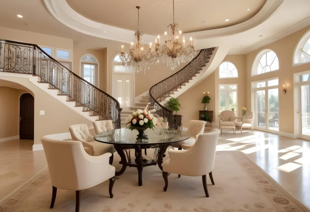 A Spacious And Elegantly Decorated Living Room Featuring A Glass Dining Table Surrounded By Ornate Chairs With Light Colored Upholstery The Room Has Warm Beige Walls And A Chandelier Hanging From The Ceiling In The Back 5 2b3d