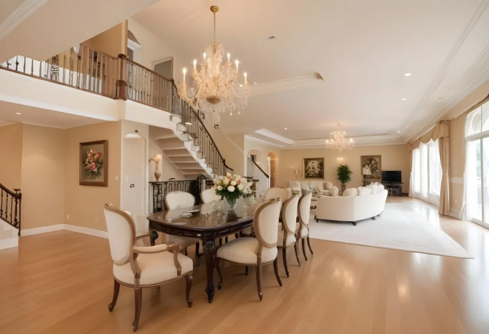 A Spacious And Elegantly Decorated Living Room Featuring A Glass Dining Table Surrounded By Ornate Chairs With Light Colored Upholstery The Room Has Warm Beige Walls And A Chandelier Hanging From The Ceiling In The Back 6 6c63