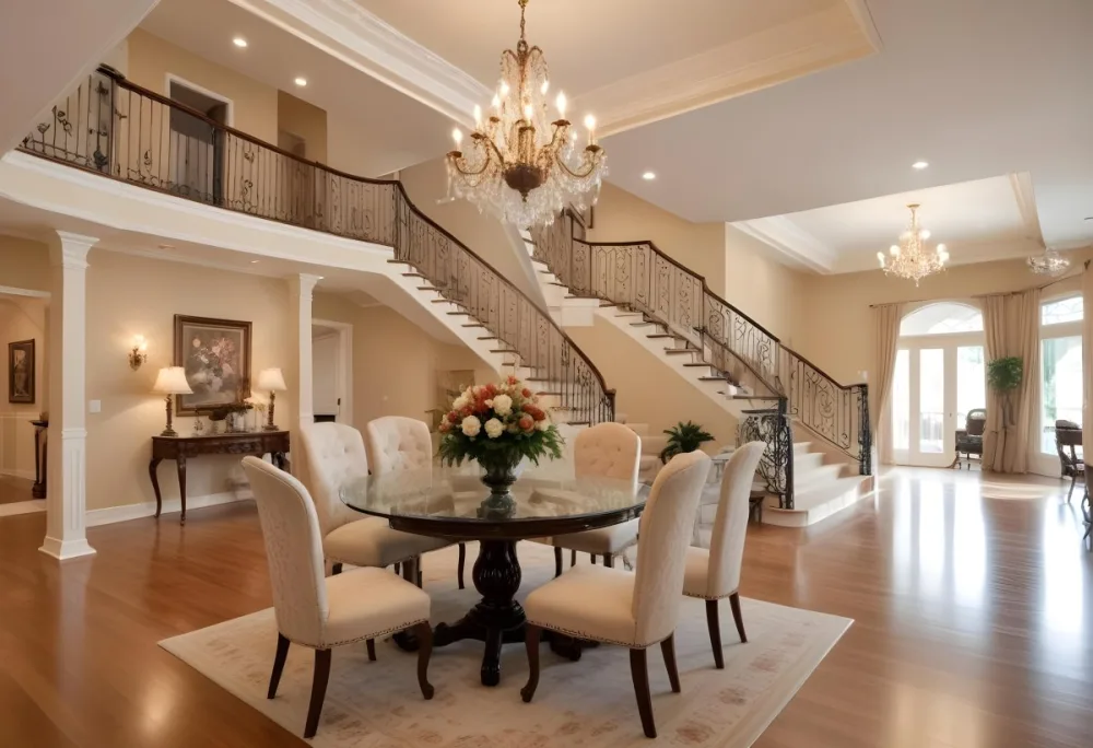 A Spacious And Elegantly Decorated Living Room Featuring A Glass Dining Table Surrounded By Ornate Chairs With Light Colored Upholstery The Room Has Warm Beige Walls And A Chandelier Hanging From The Ceiling In The Back 9 83dc
