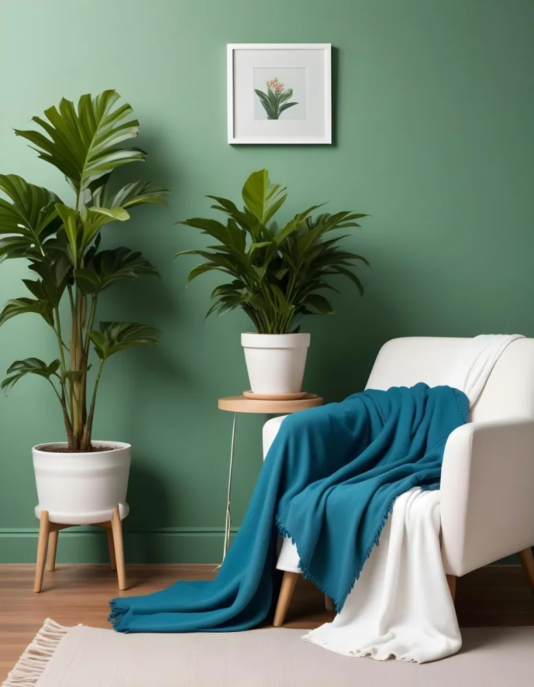 A White Armchair With A Blue Blanket Draped Over It A Small Side Table With A Potted Plant And A Blank White Frame On A Green Wall 12 9ece