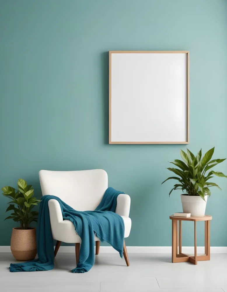 A White Armchair With A Blue Blanket Draped Over It A Small Side Table With A Potted Plant And A Blank White Frame On A Green Wall 2 F7de