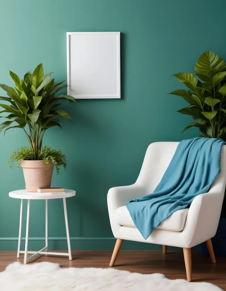 A White Armchair With A Blue Blanket Draped Over It A Small Side Table With A Potted Plant And A Blank White Frame On A Green Wall 21 Af99