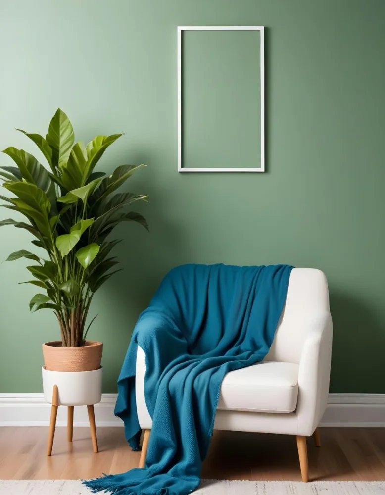 A White Armchair With A Blue Blanket Draped Over It A Small Side Table With A Potted Plant And A Blank White Frame On A Green Wall 22 0404