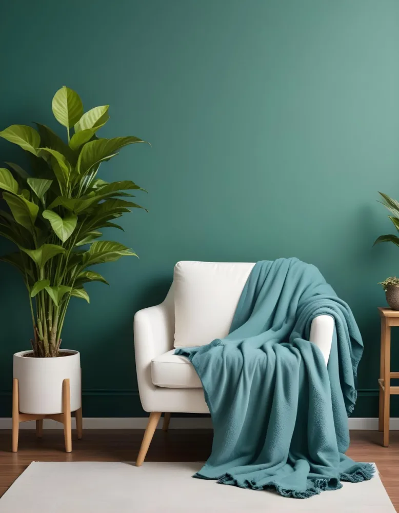 A White Armchair With A Blue Blanket Draped Over It A Small Side Table With A Potted Plant And A Blank White Frame On A Green Wall 23 0247