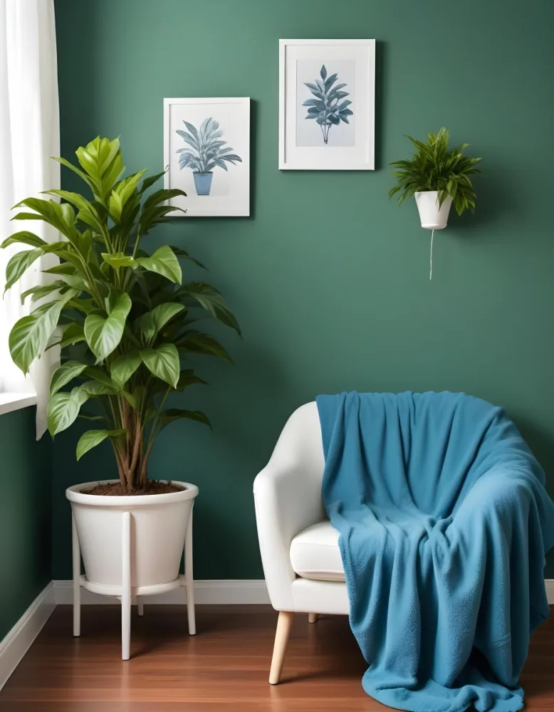 A White Armchair With A Blue Blanket Draped Over It A Small Side Table With A Potted Plant And A Blank White Frame On A Green Wall 5 C78a