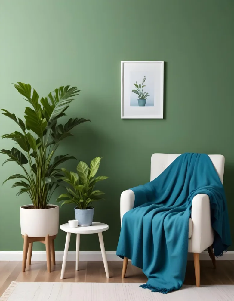 A White Armchair With A Blue Blanket Draped Over It A Small Side Table With A Potted Plant And A Blank White Frame On A Green Wall 6 C840
