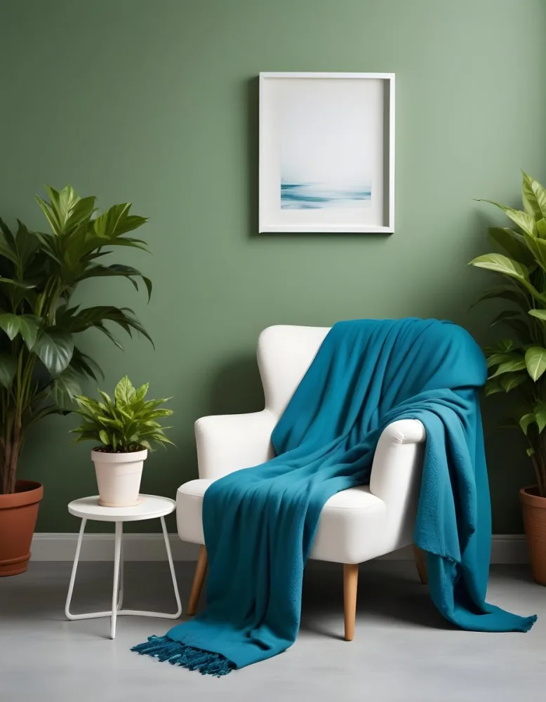 A White Armchair With A Blue Blanket Draped Over It A Small Side Table With A Potted Plant And A Blank White Frame On A Green Wall 7 F0d2