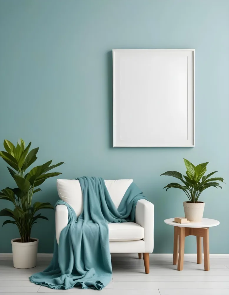 A White Armchair With A Blue Blanket Draped Over It A Small Side Table With A Potted Plant And A Blank White Frame On A Green Wall 8 6ef5