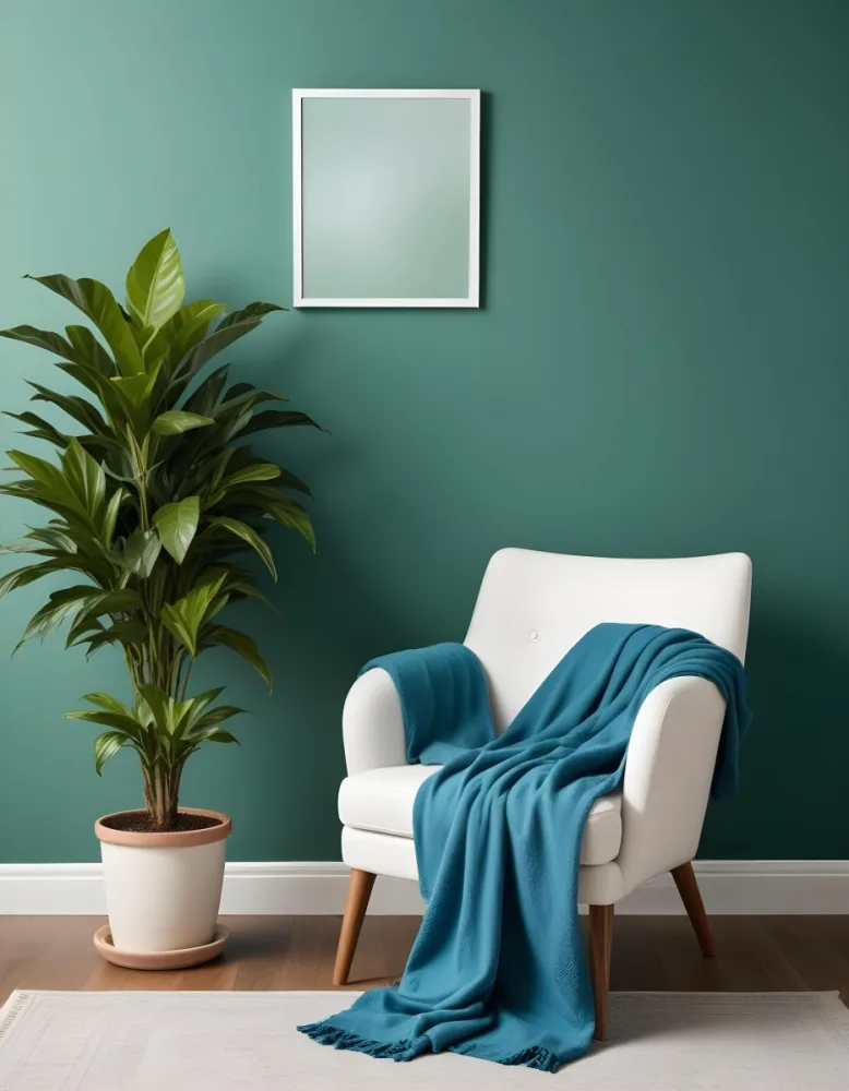 A White Armchair With A Blue Blanket Draped Over It A Small Side Table With A Potted Plant And A Blank White Frame On A Green Wall 9 79ca