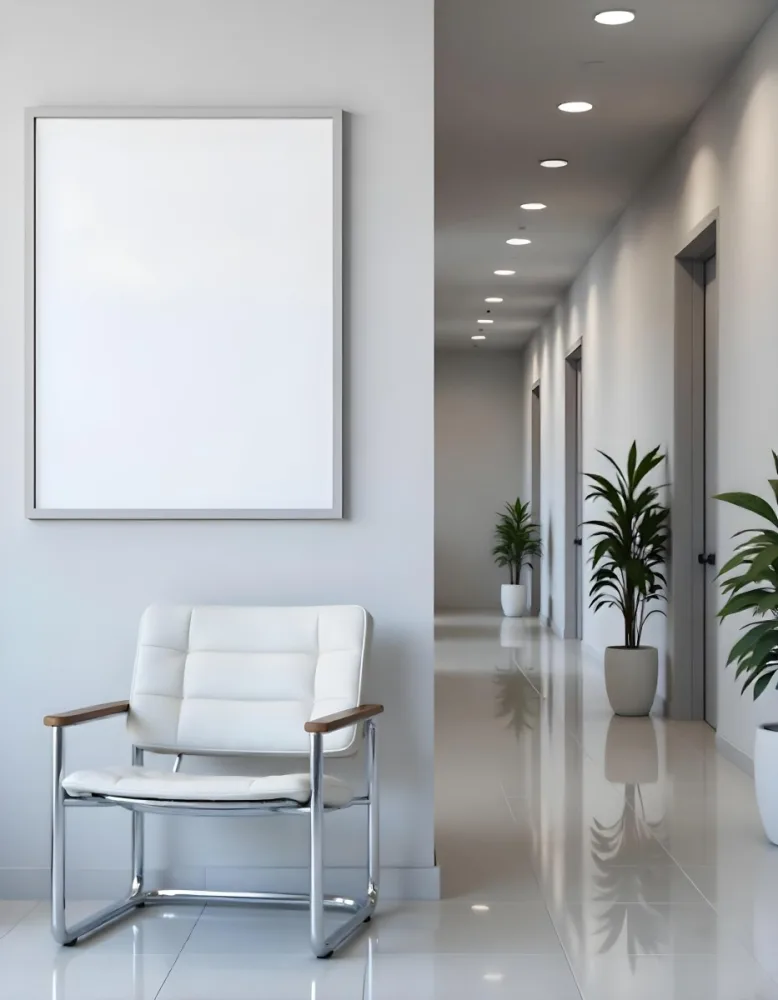 A White Chair Under A Blank Poster In A Long Corridor With Doors And Plants The Floor Is Shiny 1 Beb0