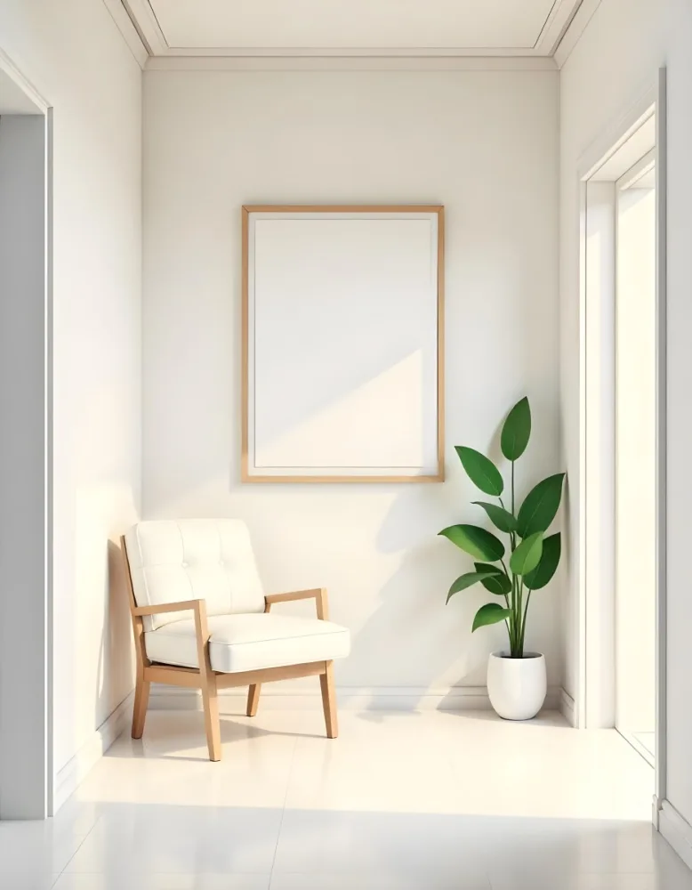 A White Chair Under A Blank Poster In A Long Corridor With Doors And Plants The Floor Is Shiny 13 9881
