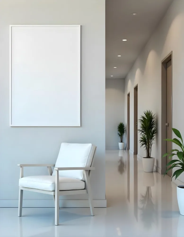 A White Chair Under A Blank Poster In A Long Corridor With Doors And Plants The Floor Is Shiny 14 0c60