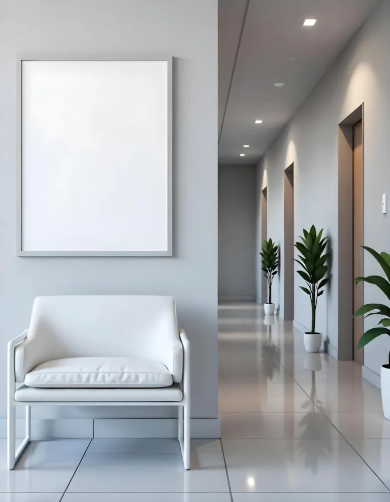 A White Chair Under A Blank Poster In A Long Corridor With Doors And Plants The Floor Is Shiny 2 B021