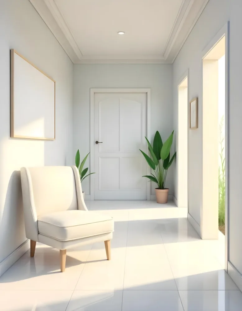 A White Chair Under A Blank Poster In A Long Corridor With Doors And Plants The Floor Is Shiny 23 Efbb