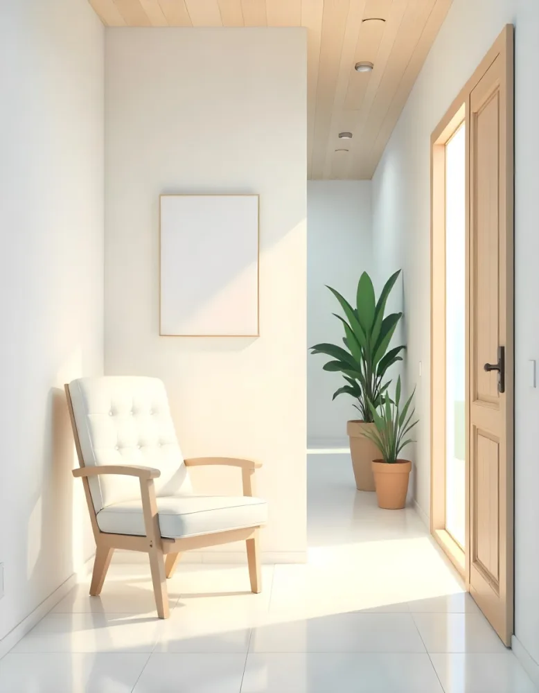 A White Chair Under A Blank Poster In A Long Corridor With Doors And Plants The Floor Is Shiny 27 Fb6b