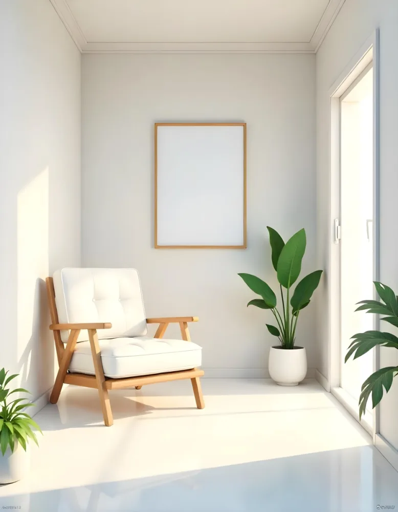 A White Chair Under A Blank Poster In A Long Corridor With Doors And Plants The Floor Is Shiny 29 7cc8
