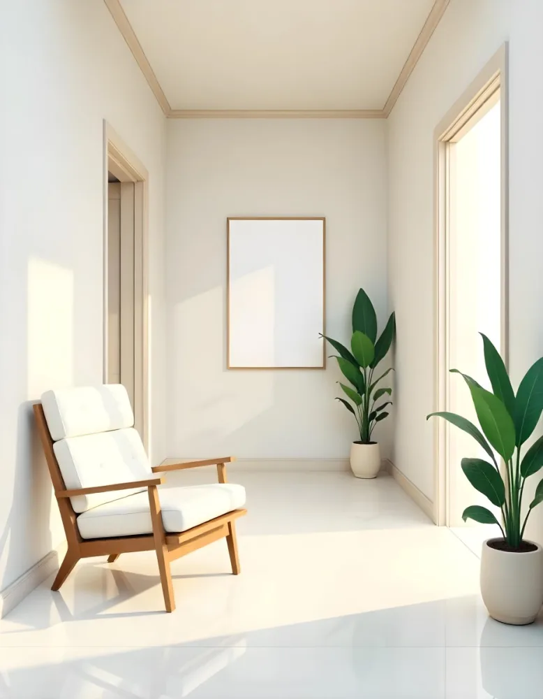 A White Chair Under A Blank Poster In A Long Corridor With Doors And Plants The Floor Is Shiny 32 E0f2
