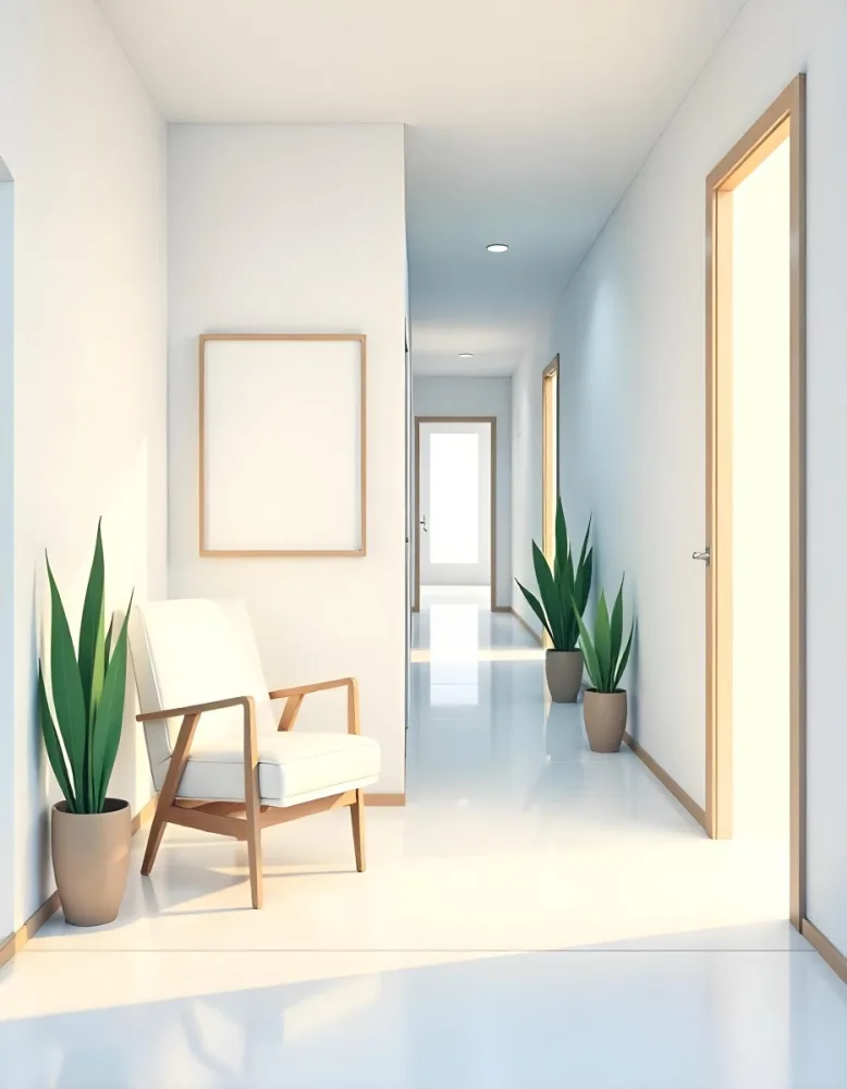 A White Chair Under A Blank Poster In A Long Corridor With Doors And Plants The Floor Is Shiny 33 F2be