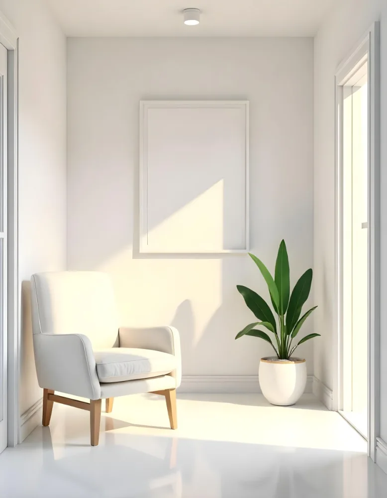A White Chair Under A Blank Poster In A Long Corridor With Doors And Plants The Floor Is Shiny 34 99e9