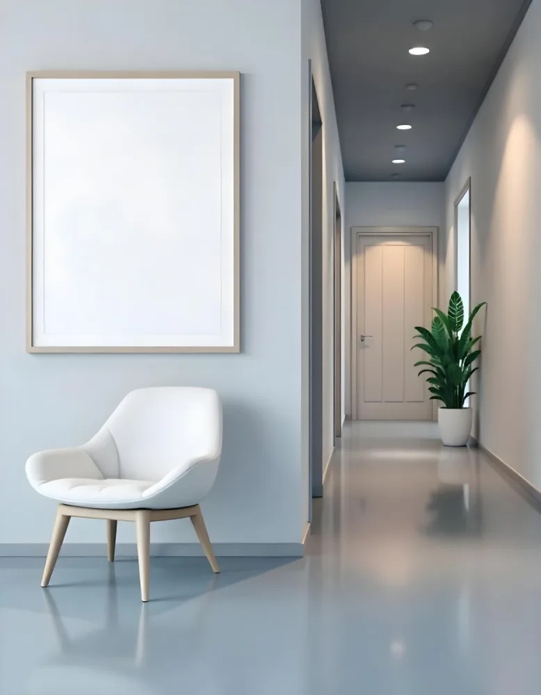 A White Chair Under A Blank Poster In A Long Corridor With Doors And Plants The Floor Is Shiny 35 A921