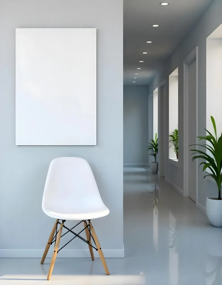 A White Chair Under A Blank Poster In A Long Corridor With Doors And Plants The Floor Is Shiny 38 F732