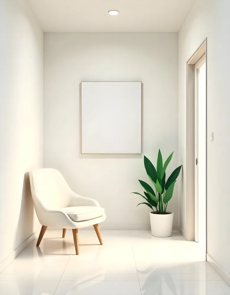 A White Chair Under A Blank Poster In A Long Corridor With Doors And Plants The Floor Is Shiny 4 D14f
