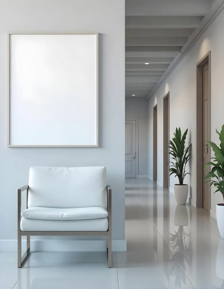 A White Chair Under A Blank Poster In A Long Corridor With Doors And Plants The Floor Is Shiny 5 53f1