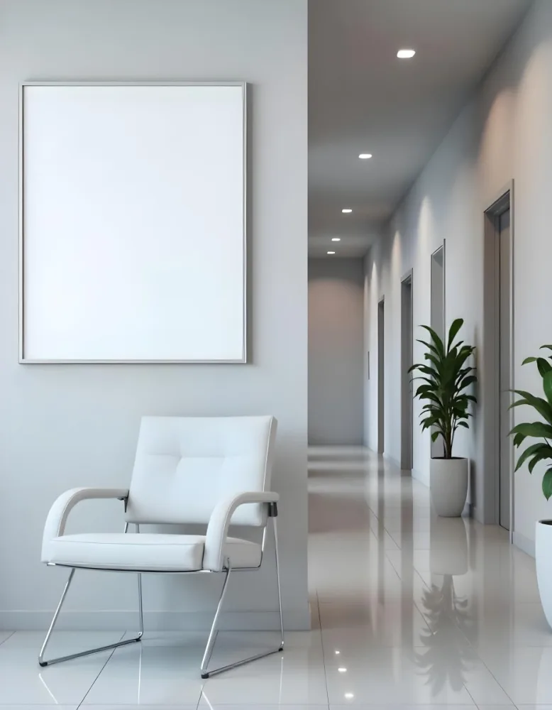 A White Chair Under A Blank Poster In A Long Corridor With Doors And Plants The Floor Is Shiny 8 002e