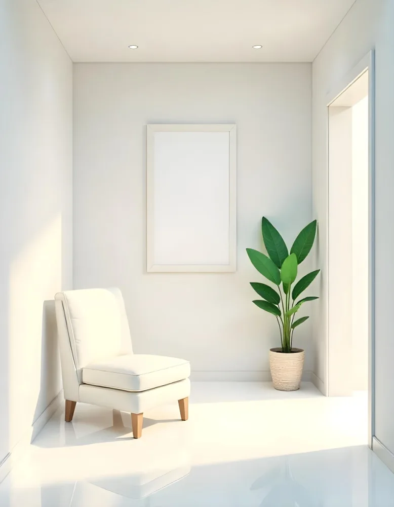 A White Chair Under A Blank Poster In A Long Corridor With Doors And Plants The Floor Is Shiny 9 12d5