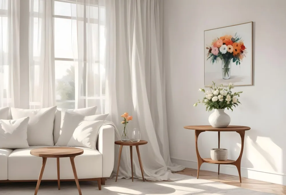A White Sofa With Wooden Legs Next To A Wooden Table With A Vase And Flowers A White Lamp Hanging From The Wall White Wall And Curtains 11 02d7