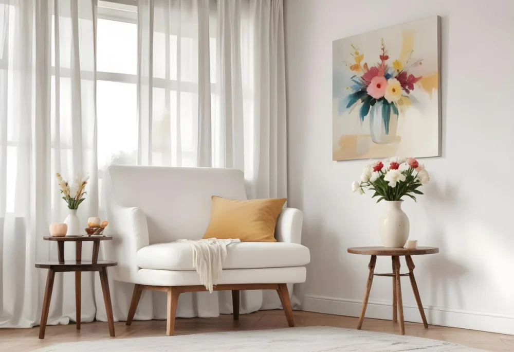 A White Sofa With Wooden Legs Next To A Wooden Table With A Vase And Flowers A White Lamp Hanging From The Wall White Wall And Curtains 13 B067