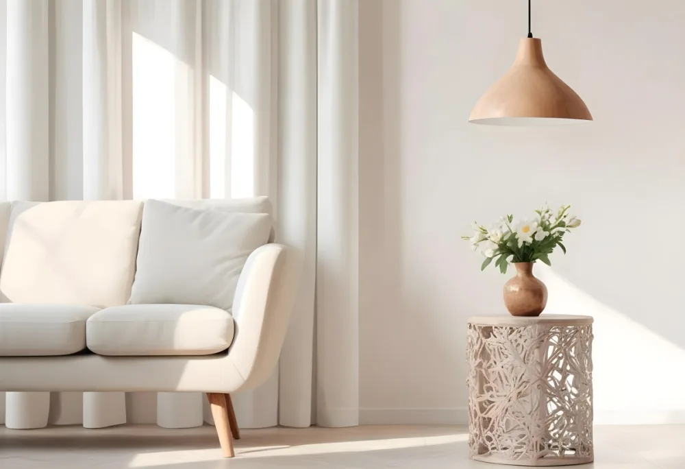 A White Sofa With Wooden Legs Next To A Wooden Table With A Vase And Flowers A White Lamp Hanging From The Wall White Wall And Curtains 15 F72e