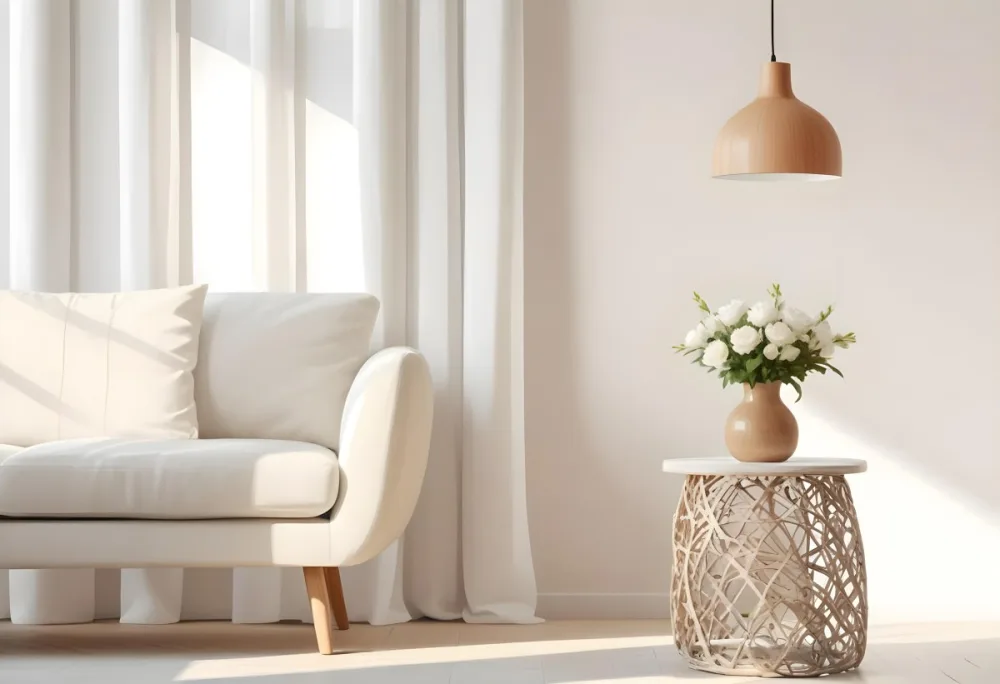 A White Sofa With Wooden Legs Next To A Wooden Table With A Vase And Flowers A White Lamp Hanging From The Wall White Wall And Curtains 16 0cbc