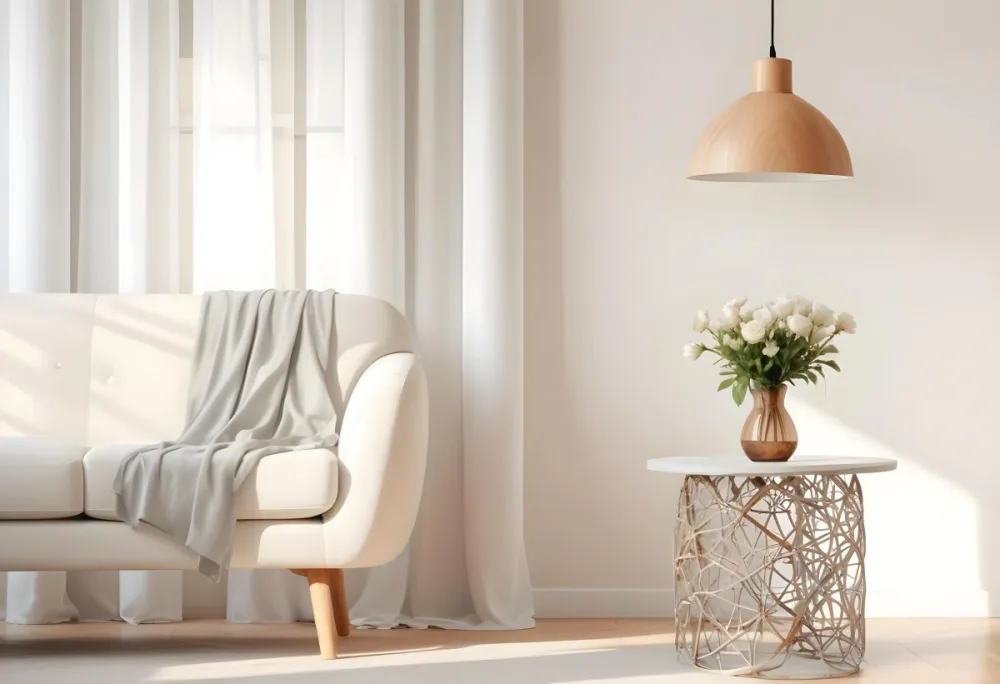 A White Sofa With Wooden Legs Next To A Wooden Table With A Vase And Flowers A White Lamp Hanging From The Wall White Wall And Curtains 17 9851