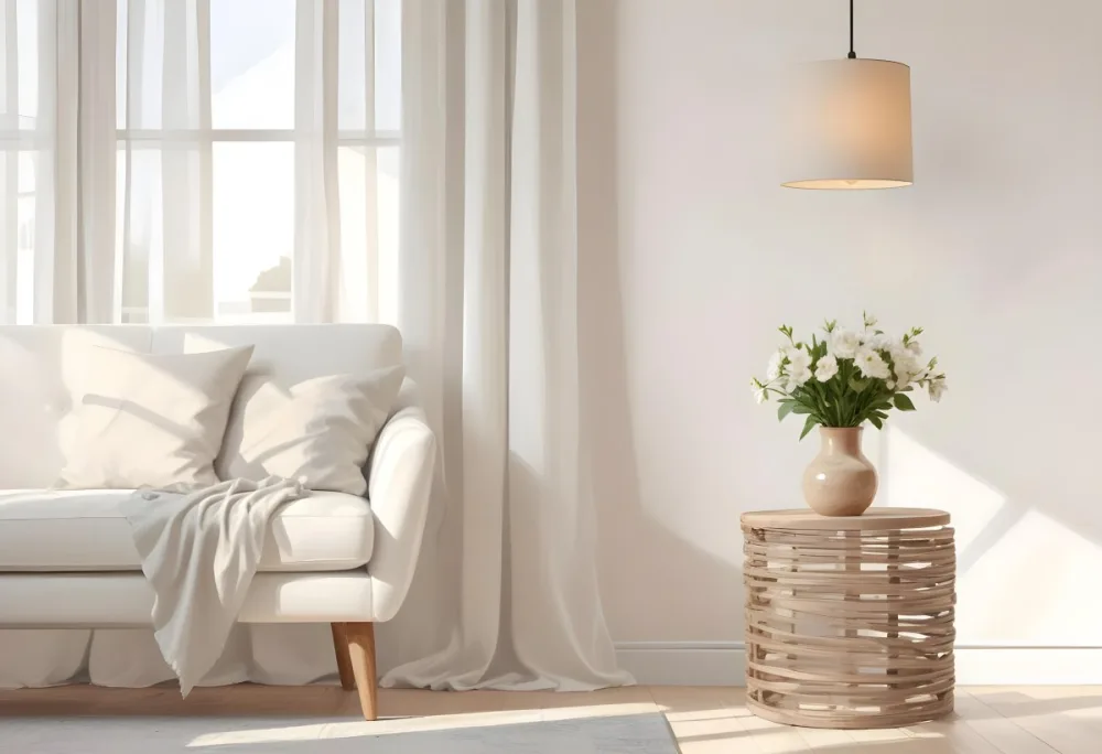 A White Sofa With Wooden Legs Next To A Wooden Table With A Vase And Flowers A White Lamp Hanging From The Wall White Wall And Curtains 19 Cb68