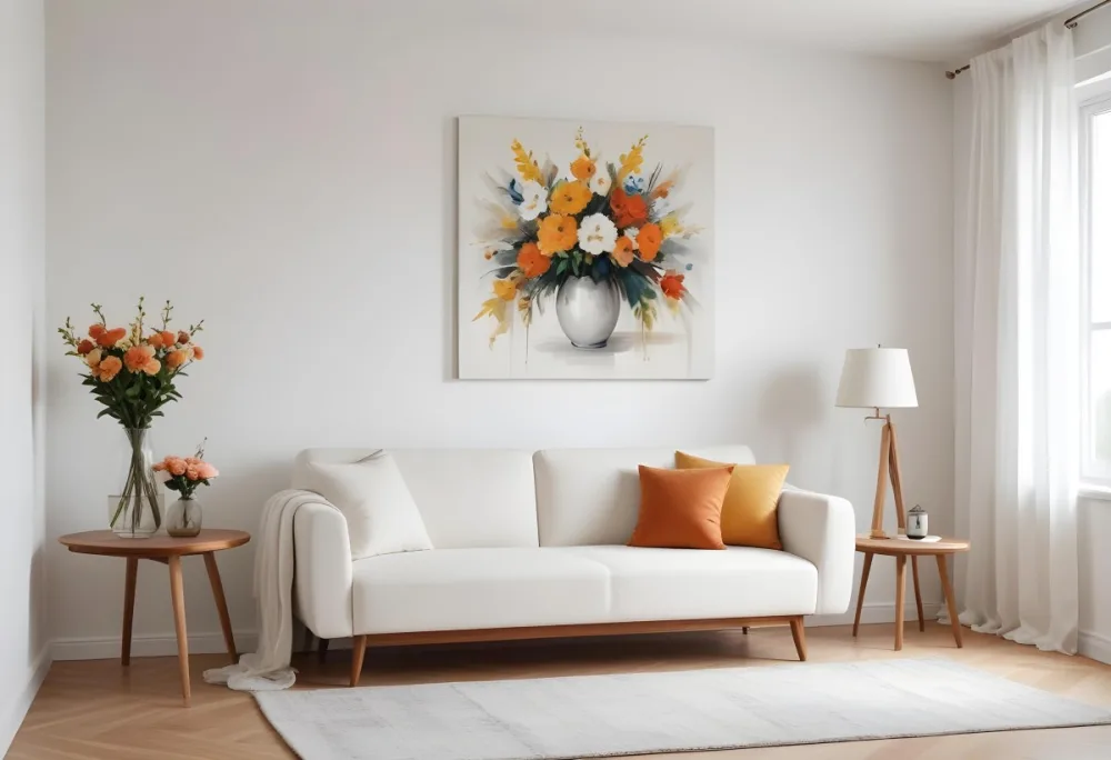 A White Sofa With Wooden Legs Next To A Wooden Table With A Vase And Flowers A White Lamp Hanging From The Wall White Wall And Curtains 2 6ea5
