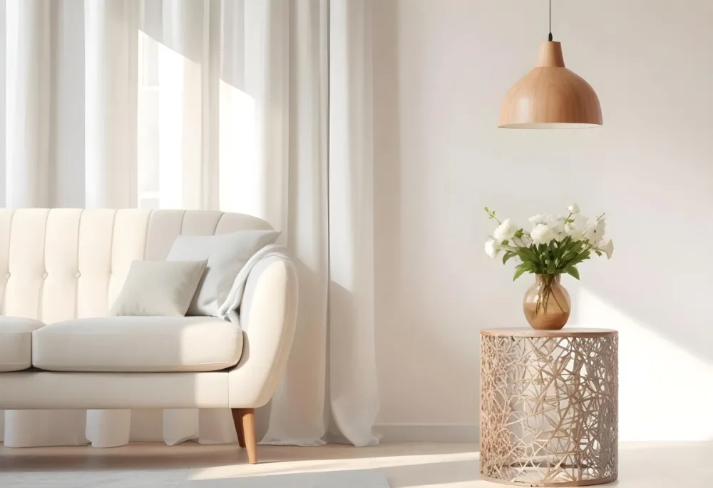 A White Sofa With Wooden Legs Next To A Wooden Table With A Vase And Flowers A White Lamp Hanging From The Wall White Wall And Curtains 21 5ce8