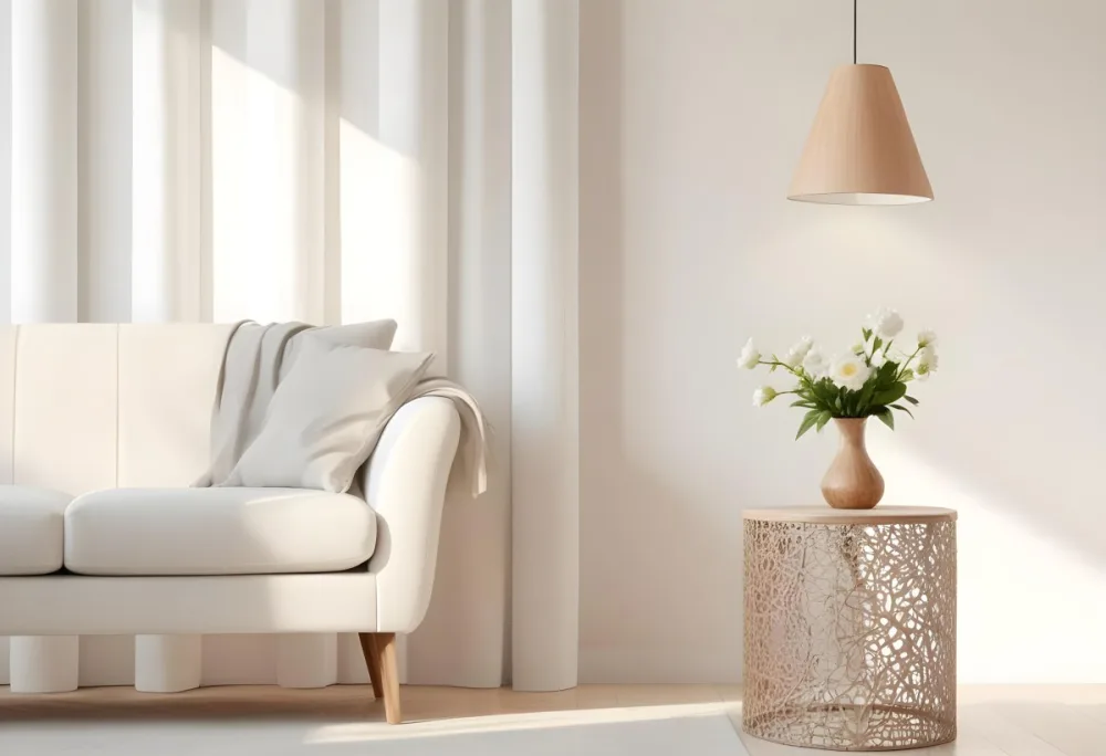 A White Sofa With Wooden Legs Next To A Wooden Table With A Vase And Flowers A White Lamp Hanging From The Wall White Wall And Curtains 22 D7a2