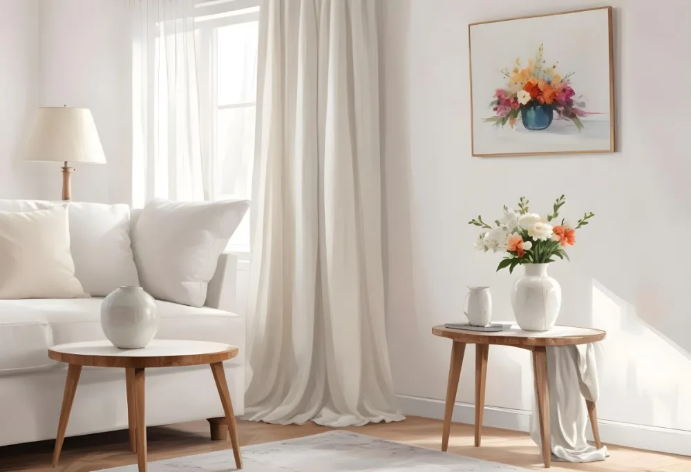 A White Sofa With Wooden Legs Next To A Wooden Table With A Vase And Flowers A White Lamp Hanging From The Wall White Wall And Curtains 8 2344