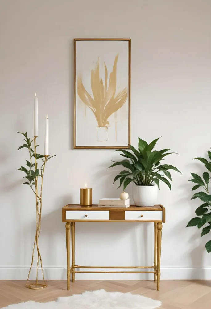 A Wooden Console Table With Two Drawers A White Candle And A Plant In A Golden Pot Against A White Wall 1 0ad1