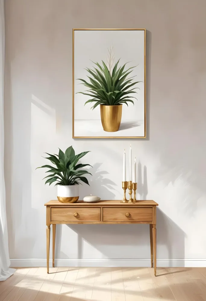 A Wooden Console Table With Two Drawers A White Candle And A Plant In A Golden Pot Against A White Wall 15 5f7d