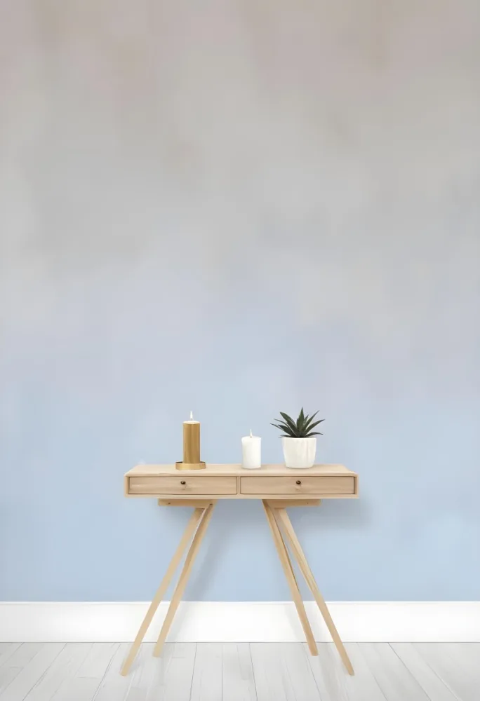 A Wooden Console Table With Two Drawers A White Candle And A Plant In A Golden Pot Against A White Wall 19 8dfd